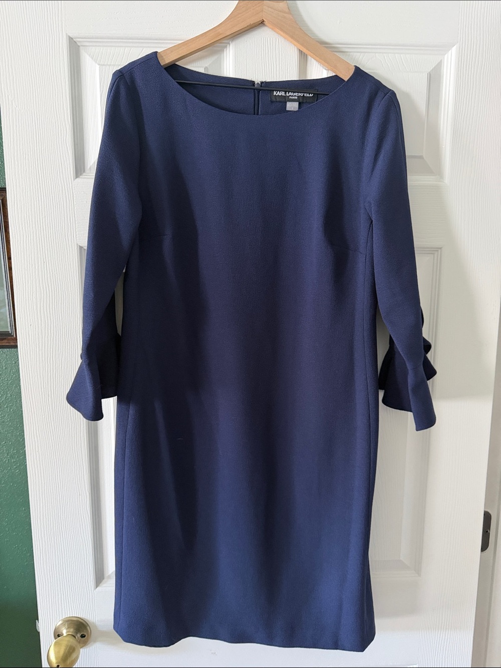 Karl Lagerfeld Navy Midi Sheath Dress with Flounce Sleeves
